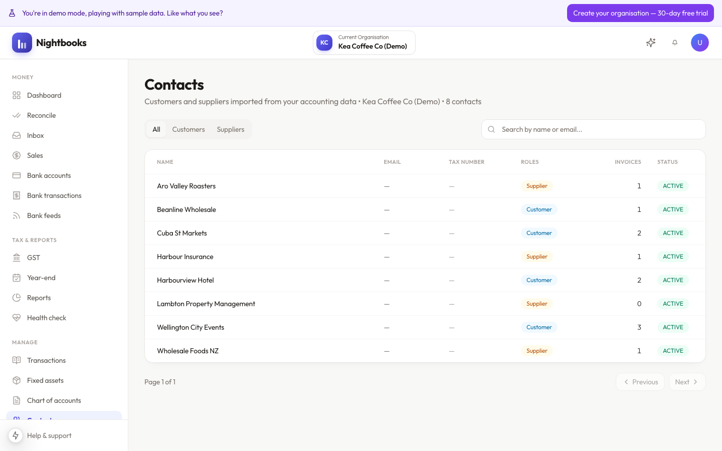 Contacts list in Nightbooks