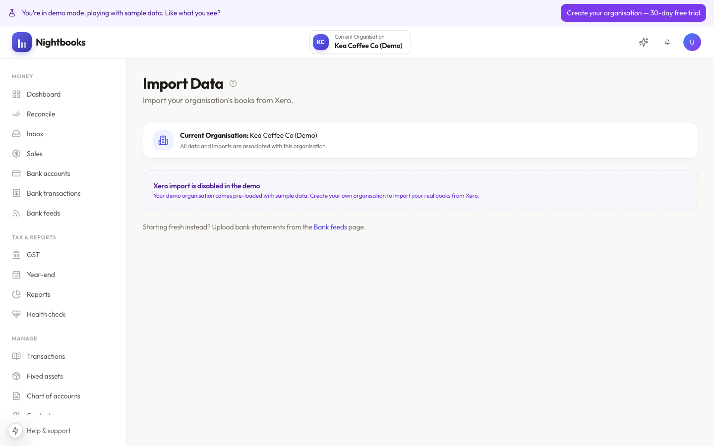 Xero import in Nightbooks