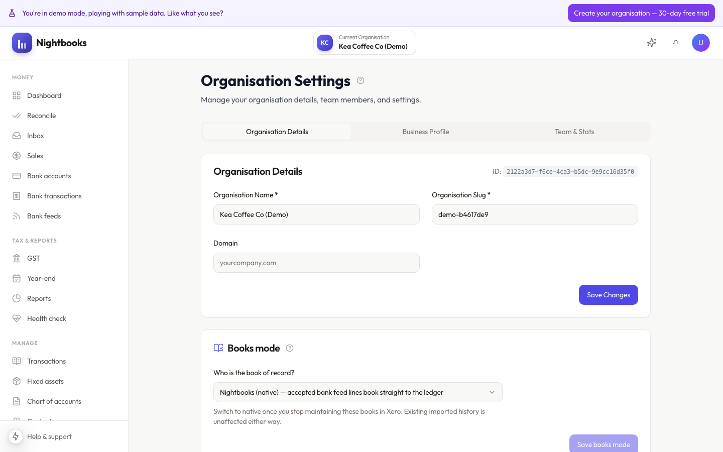 Team and organisation settings