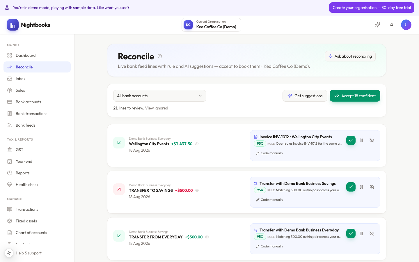 Reconciliation queue with one-click suggestions