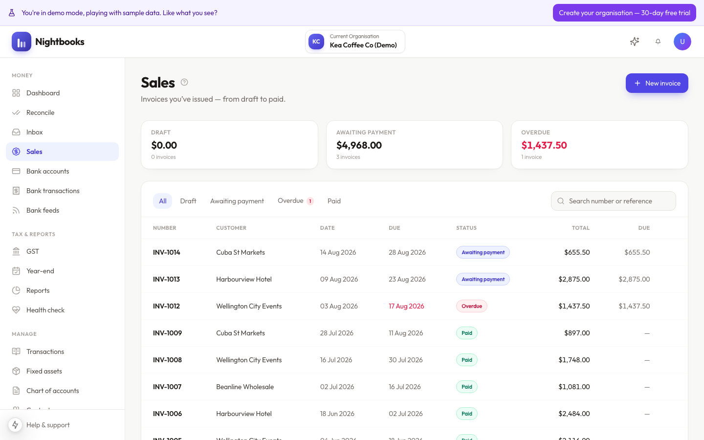 Sales invoices in Nightbooks